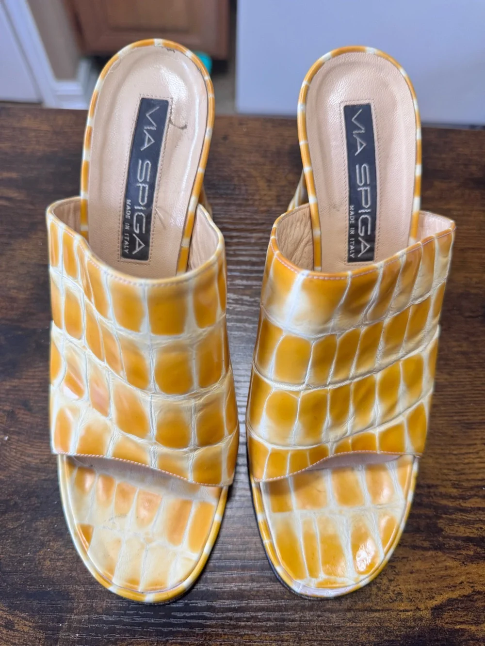 Via Spiga Italy Yellow Croc Embossed Leather Mules Chunky Block Heel Sandals 7 - Picture 10 of 12